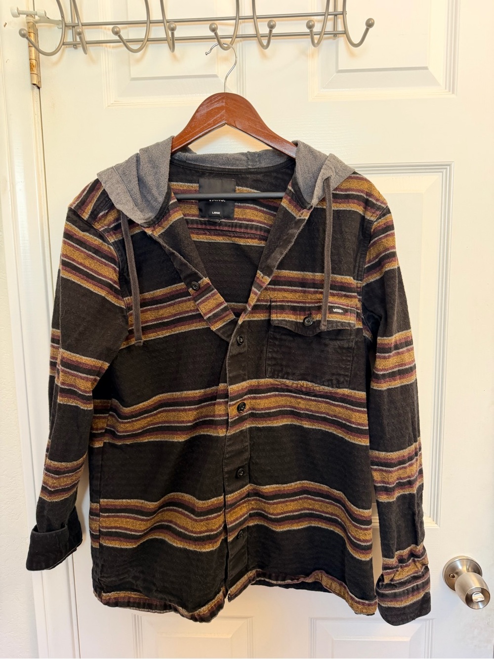 Vans Hooded Striped Button-Up Shirt Jacket in Black, Brown and Tan
